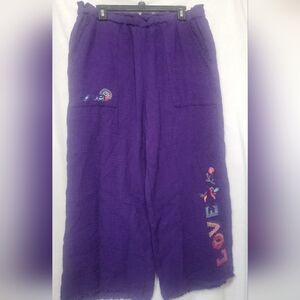 Johnny Was Biya Pants Womens L Cross-Stitched Love +Birds Pockets Wide-leg Boho